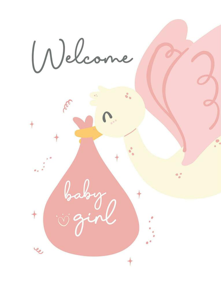 Cute Baby Girl Shower, stork with baby newborn. Welcom baby girl. Perfect for invitaion greeting card, welcoming the little one into the family. vector