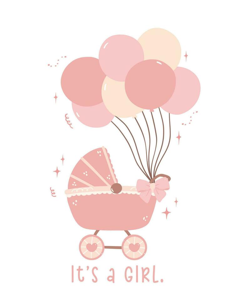 Cute Baby Girl Shower Invitation Card with Pink Pram and Balloons. Celebrate the joy of a new arrival with this adorable hand-drawn baby girl shower invitation card. vector