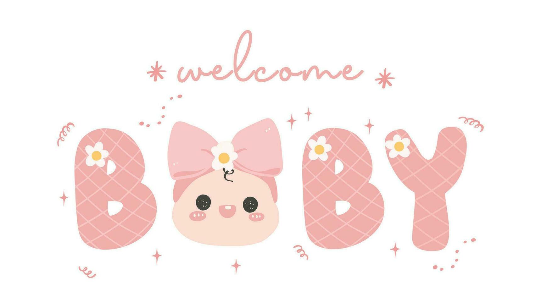 linda bebé niña ducha en rosa, Bienvenido bebé niña bandera, Perfecto para invitaion saludo tarjeta, acogedor el pequeño uno dentro el familia. vector