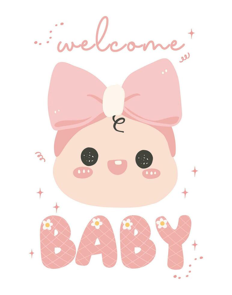 Cute Baby Girl Shower in pink, Welcome baby girl with adorable newborn happy face, Perfect for invitaion greeting card, welcoming the little one into the family. vector