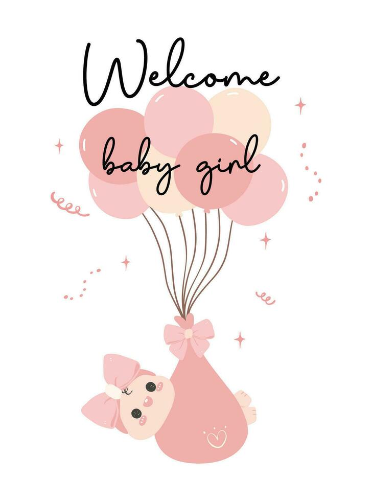 Cute Baby Girl Shower Invitation Card with Cute Hand Drawn Balloons cartoon illustration. Perfect for welcoming the little one into the family. vector