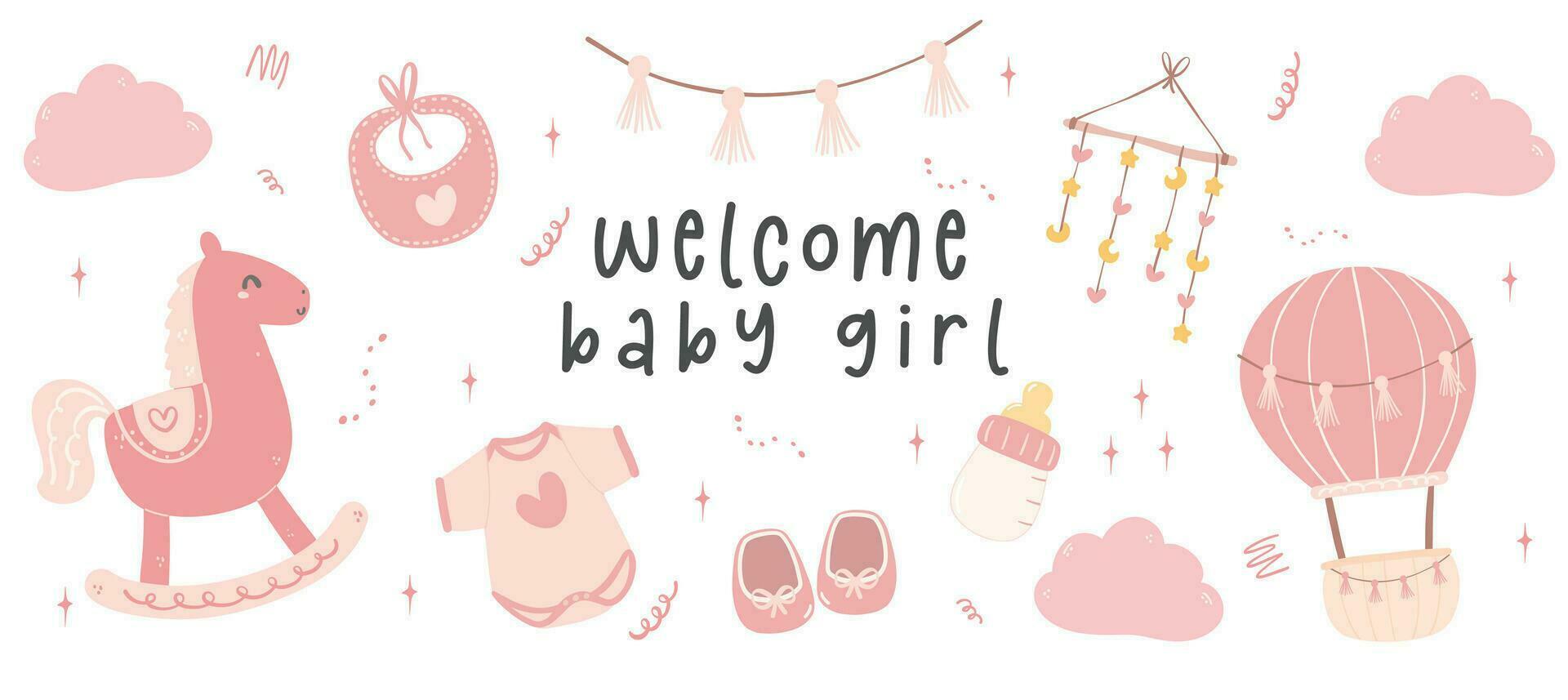 linda bebé niña ducha en rosa, Bienvenido bebé niña con adorable recién nacido accesorios dibujos animados mano dibujo. Perfecto para invitaion saludo tarjeta, acogedor el pequeño uno dentro el familia. vector