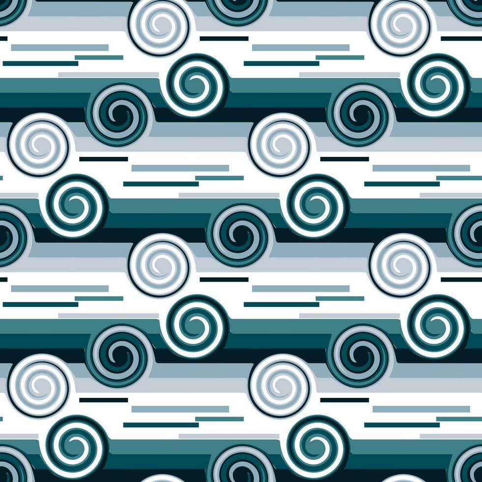 Seamless pattern in retro style. Disco wavy blue background for fashionable prints in funk style. An unusual psychedelic summer background with a whirlpool. Sea line, raging, wave vector