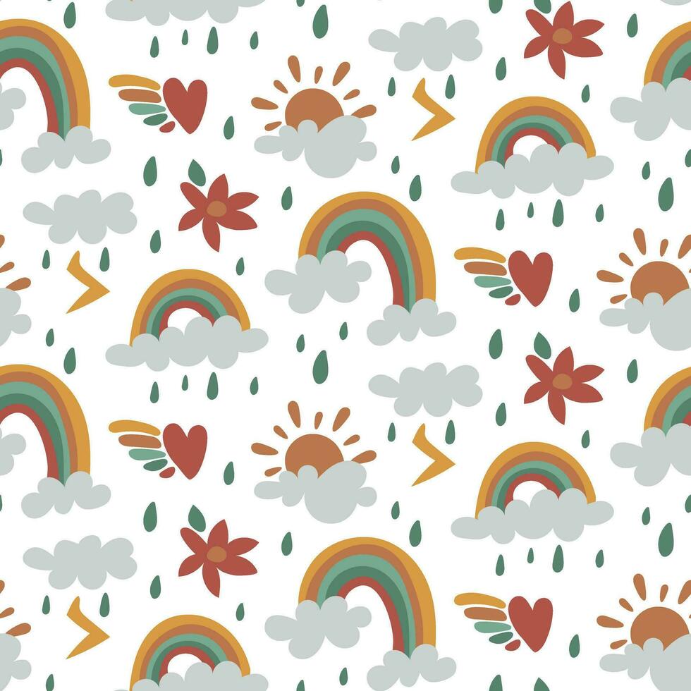 Pattern Rainbow, cloud, rain, thunderstorm, sun, flower, heart pattern on a white background. Rainbow seamless pattern, cartoon vector illustration. Children's texture for printing on fabric and paper