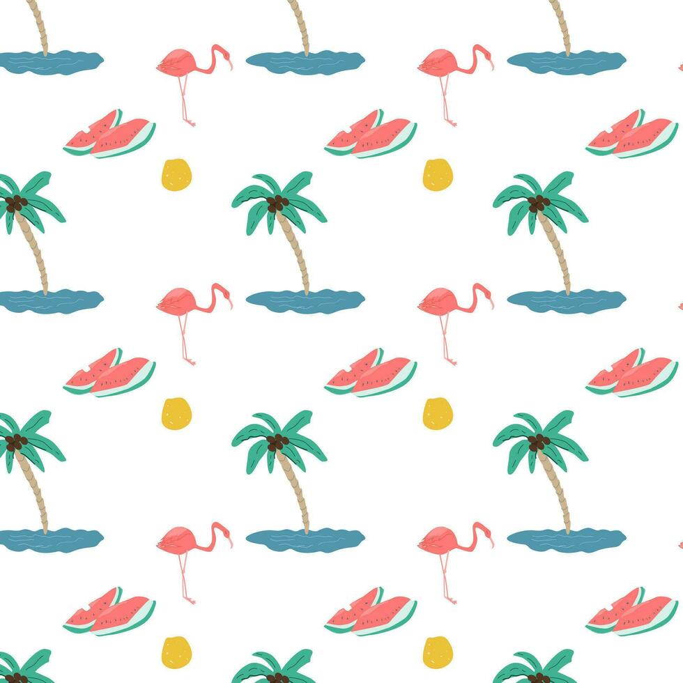 summer pattern with tropical coconut palm, flamingo, watermelon, sun and sea. vector illustration on a white background