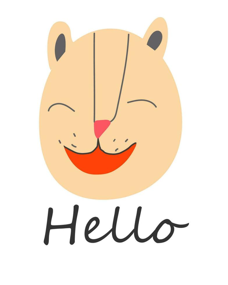 A cat cheerfully greets everyone. cartoon face with the words hello for printing and textile design. vector illustration for stickers, sublimation printing on t-shirts and caps, mugs.