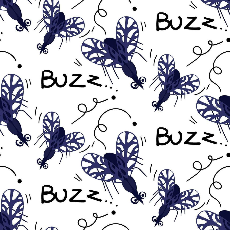 A pattern with cartoon insect mosquitoes on a white background. Blue insects fly and buzz. Cartoon cute, funny, small insects. For printing on textiles and paper vector