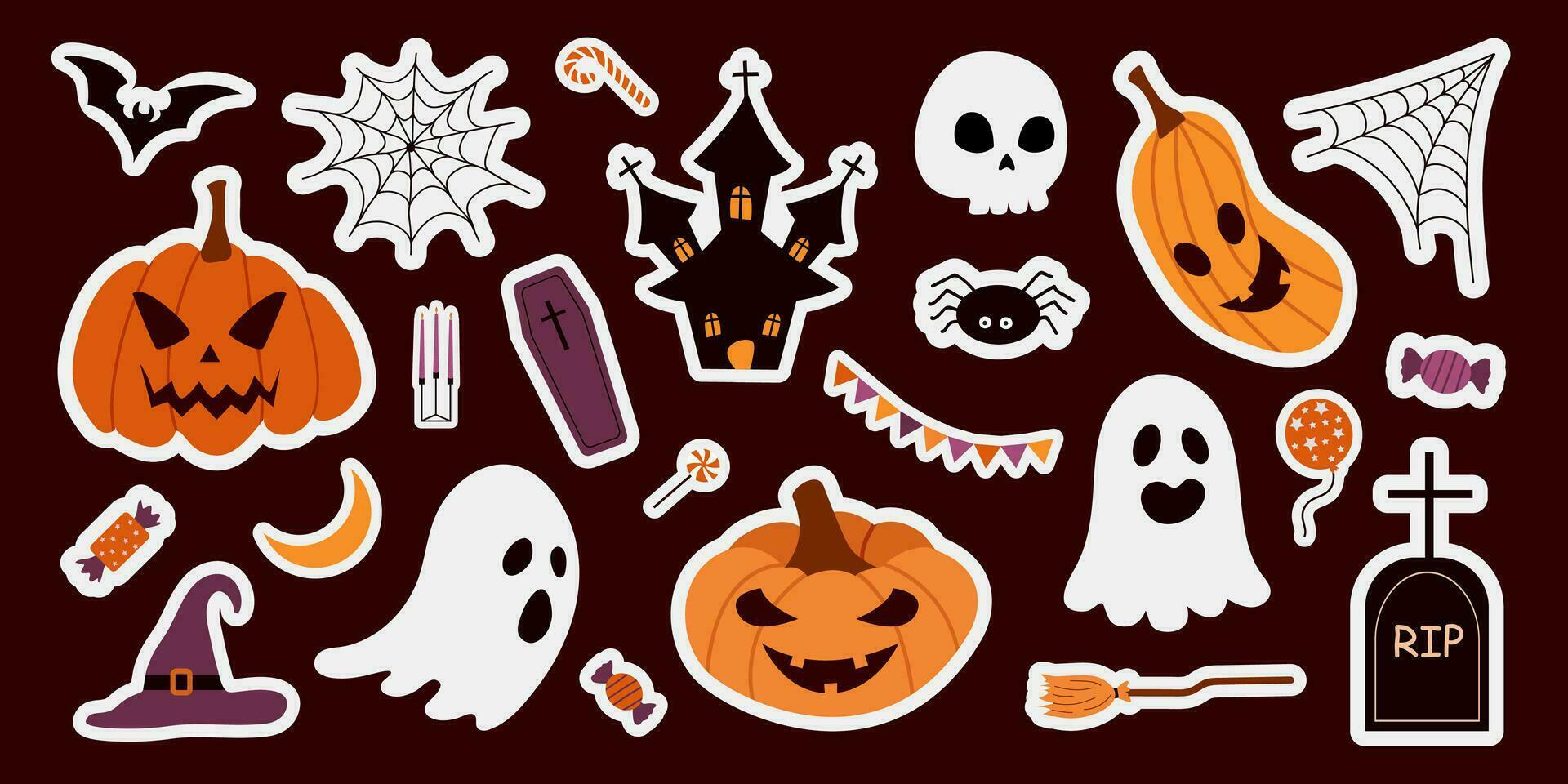 Vector set of Halloween stickers, pumpkins, ghosts, castle, grave, coffin, broom, candy, phrases. Suitable for scrapbooking, greeting card, party invitation, poster, sticker. Hand drawn style.