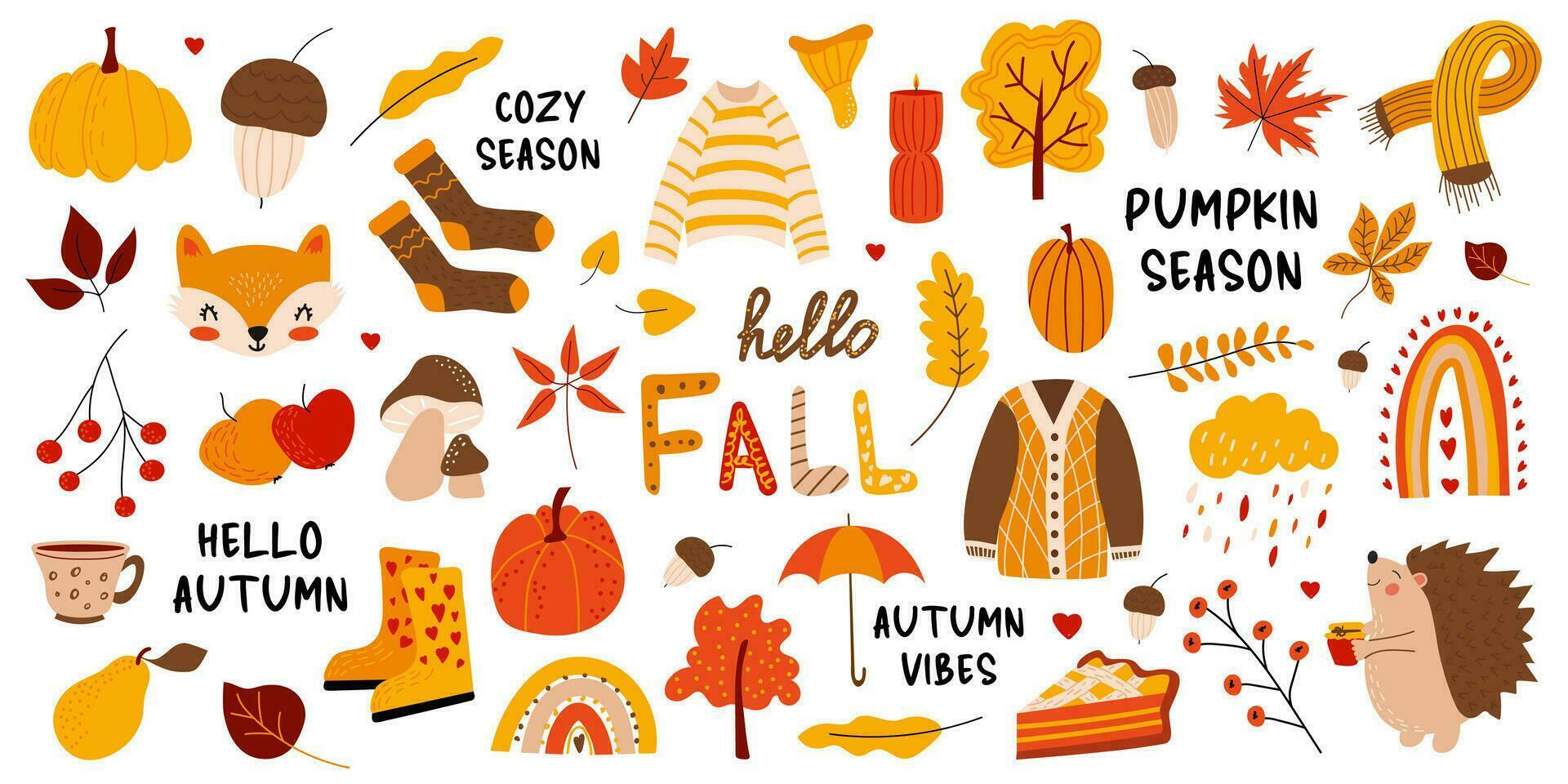 grande vector otoño colocar. otoño estación. hojas, bellotas, suéter, bufanda, calabazas, vela, erizo, tarta, arcoíris, letras. colección de otoño elementos para álbum de recortes mano dibujado estilo.
