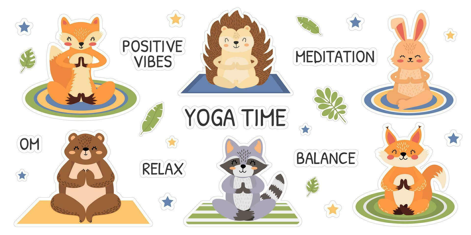 Set of stickers of forest animals engaged in yoga. Raccoon, fox, squirrel, bear, hedgehog, rabbit. Vector collection of meditating animals. Cute animals in cartoon style. Yoga time, balance.