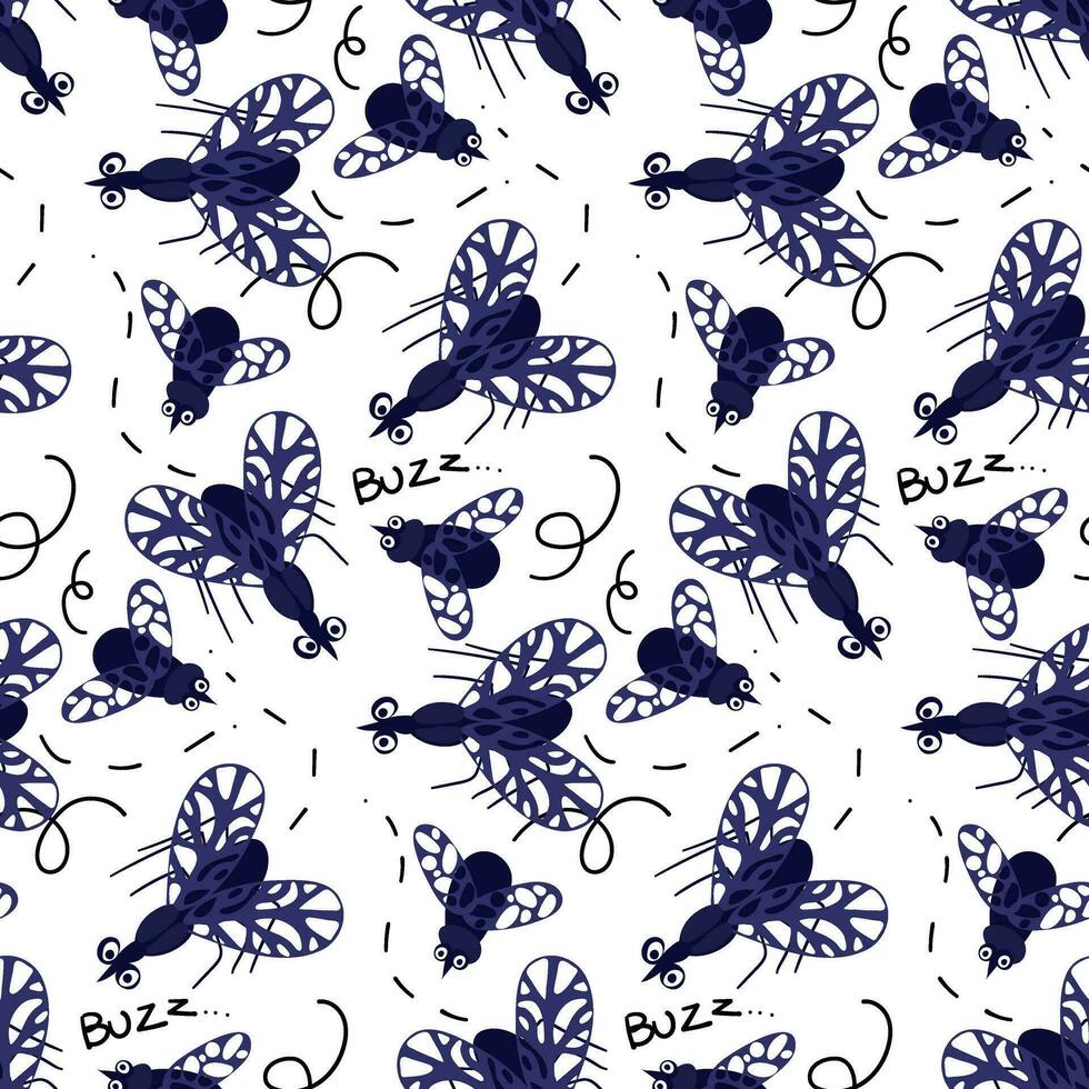 A pattern with cartoon insects, mosquitoes and midges on a white background. Blue insects fly and buzz. Cute, funny, small insects. For printing on textiles and paper vector