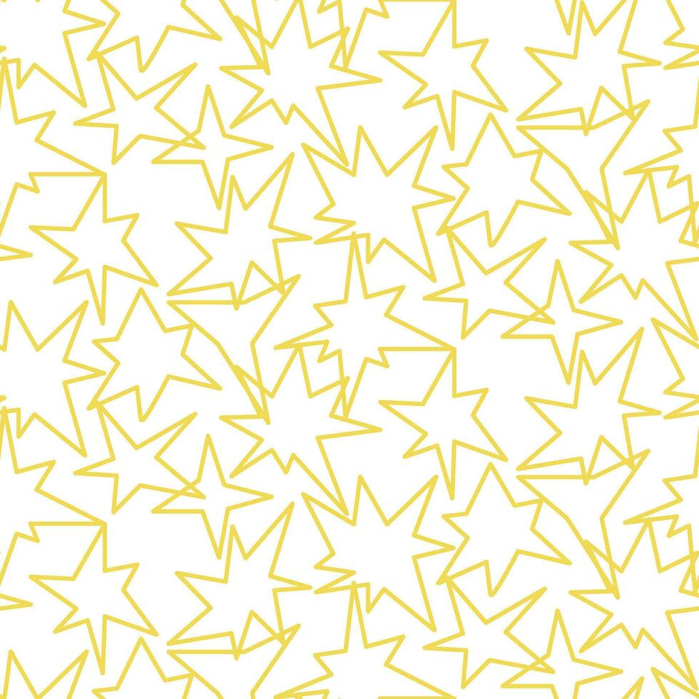 Seamless pattern in the form of yellow stars of various shapes. Bright sparks and outlines of flashes, similar to fireworks on a white, glow. Flickering glare, glow, light effect, bright flash vector
