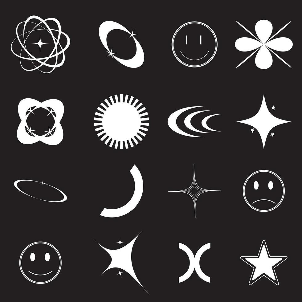 Retro futuristic elements for design. Big collection of abstract graphic geometric symbols and objects in y2k style. Templates for notes, posters, banners, stickers, business cards, logo vector