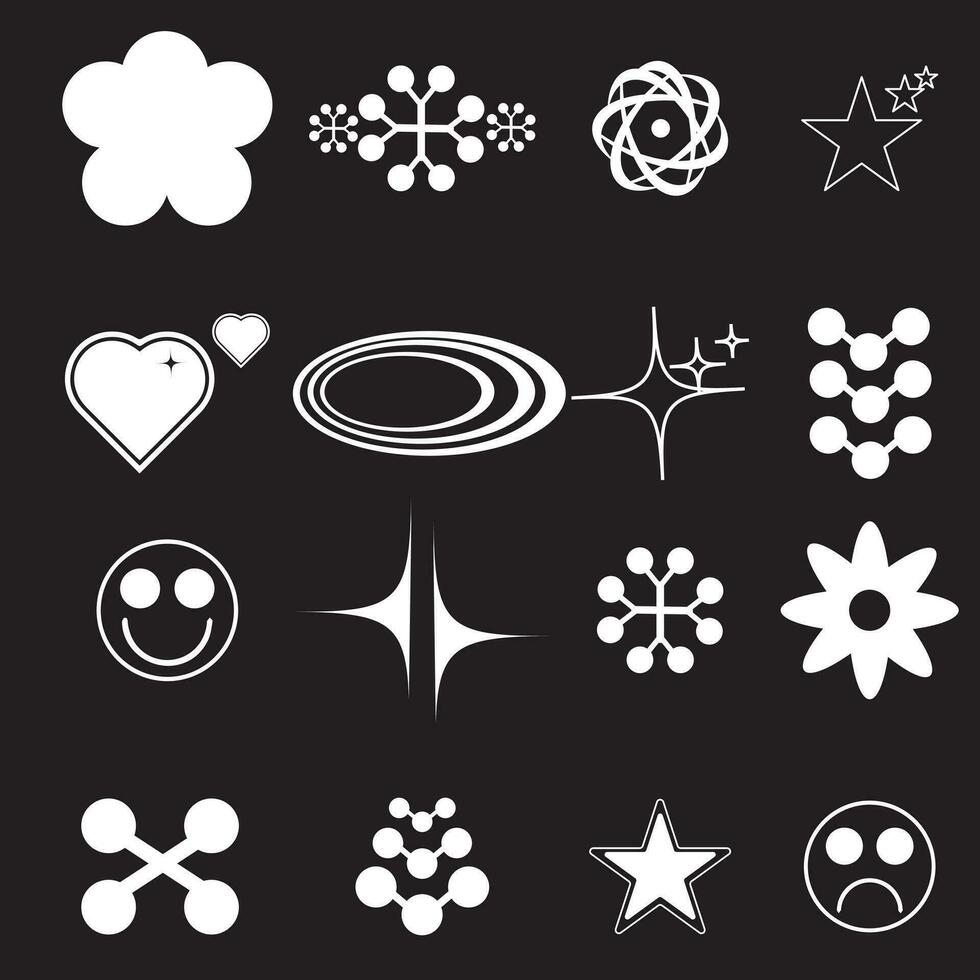 Retro futuristic elements for design. Big collection of abstract graphic geometric symbols and objects in y2k style. Templates for notes, posters, banners, stickers, business cards, logo vector