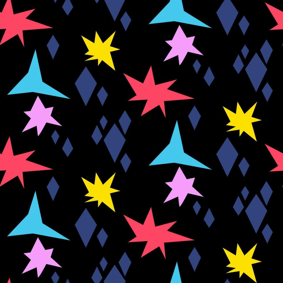 Seamless pattern in the form of stars of various shapes and colors. Bright sparks on black, firework symbols, glow. Flickering glare, glow, light effect, bright flash. Vector of stars