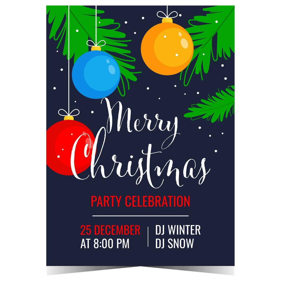 Navidad fiesta póster con decoración elementos como Navidad pelotas y Navidad árbol ramas en el antecedentes. Navidad fiesta invitación bandera, folleto o volantes a celebrar invierno vacaciones. vector