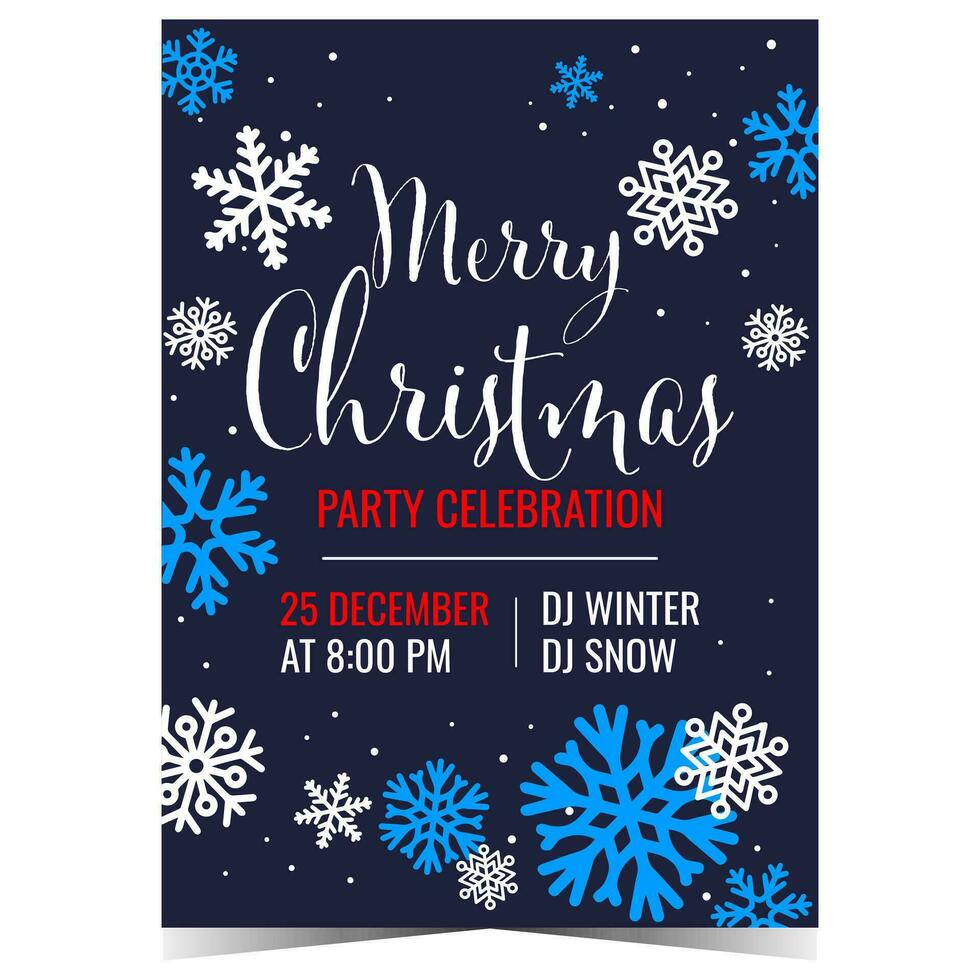 Christmas party invitation flyer or promo brochure with decorative snowflakes on the background. Vector Christmas party template to invite and celebrate winter holidays together in festive ambience.