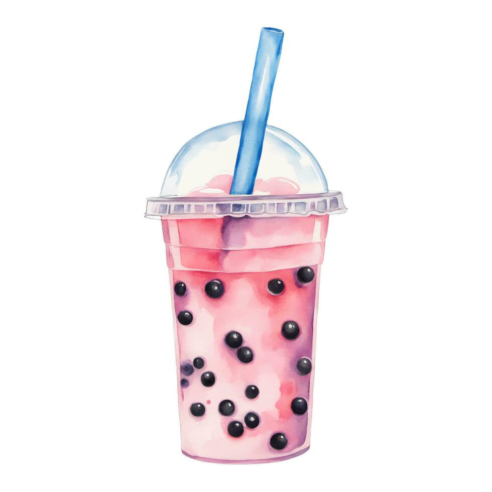 Pink Bubble Boba Milk Tea in Plastic Glass with Straw Isolated Hand Drawn Watercolor Painting Illustration vector