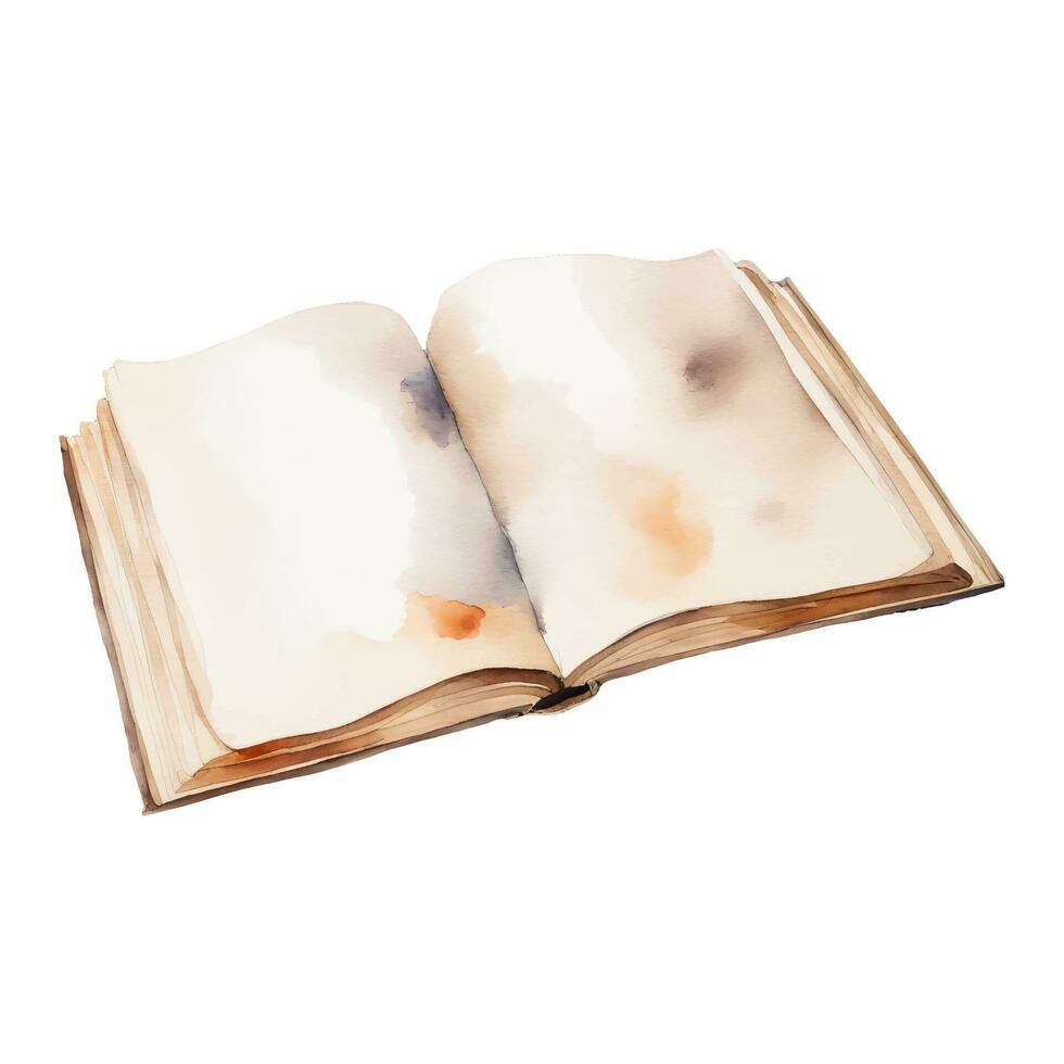Opened Vintage Old Book Perspective View Isolated Hand Drawn Watercolor Painting Illustration vector