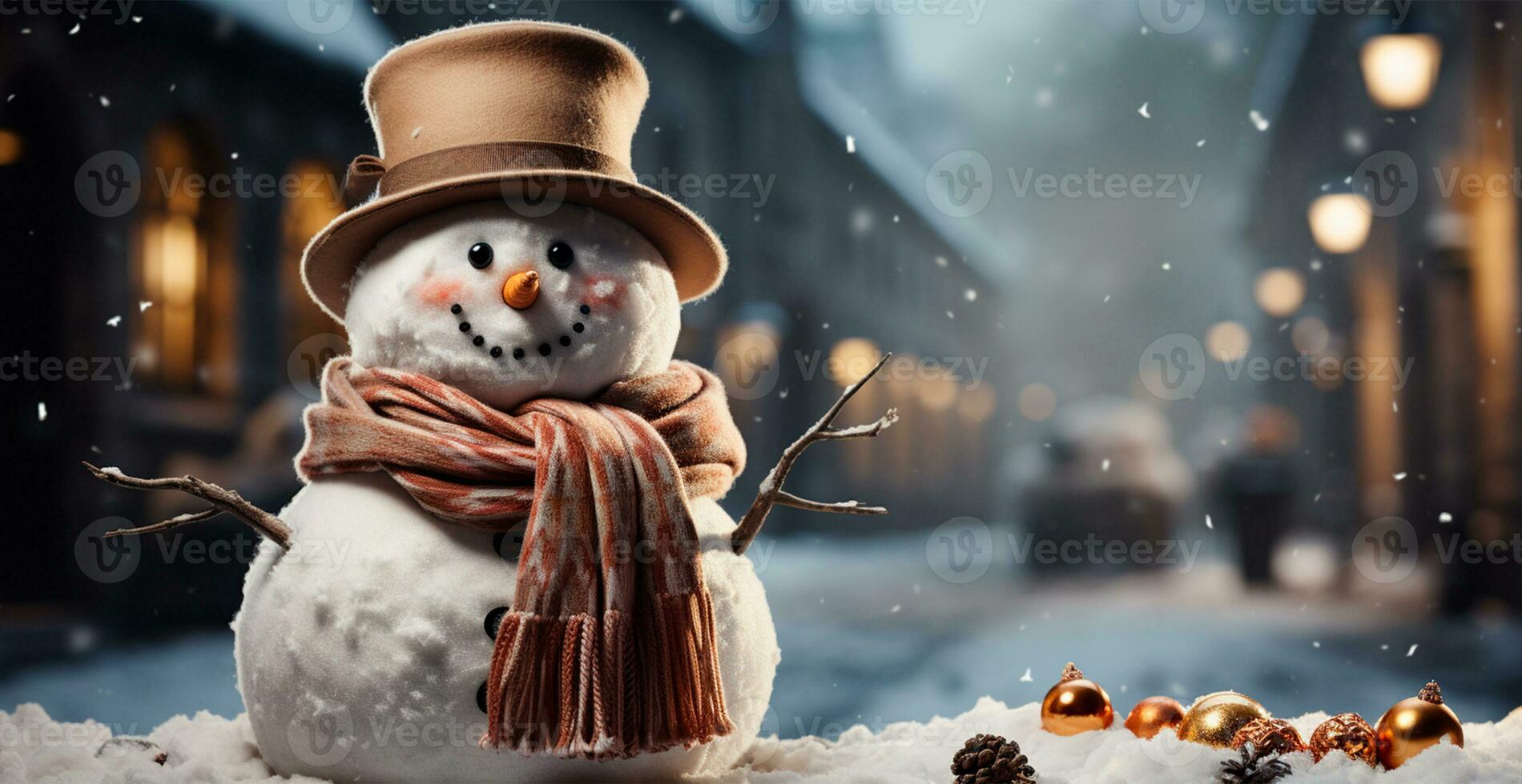 Festive New Year's snowman, Christmas background postcard - AI generated image photo