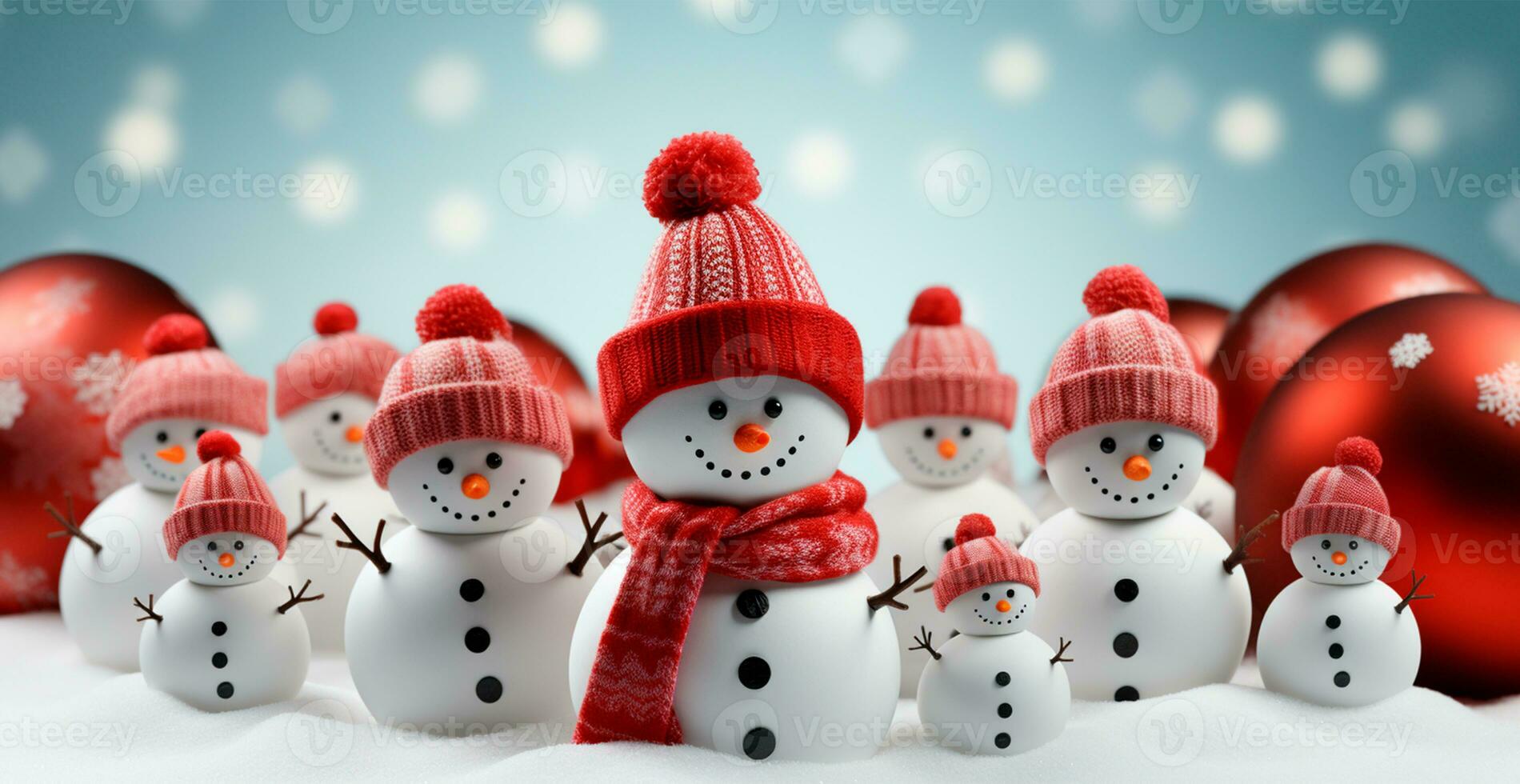 invierno fiesta Navidad antecedentes bandera - de cerca de muñecos de nieve en Nevado bokeh antecedentes - ai generado imagen foto