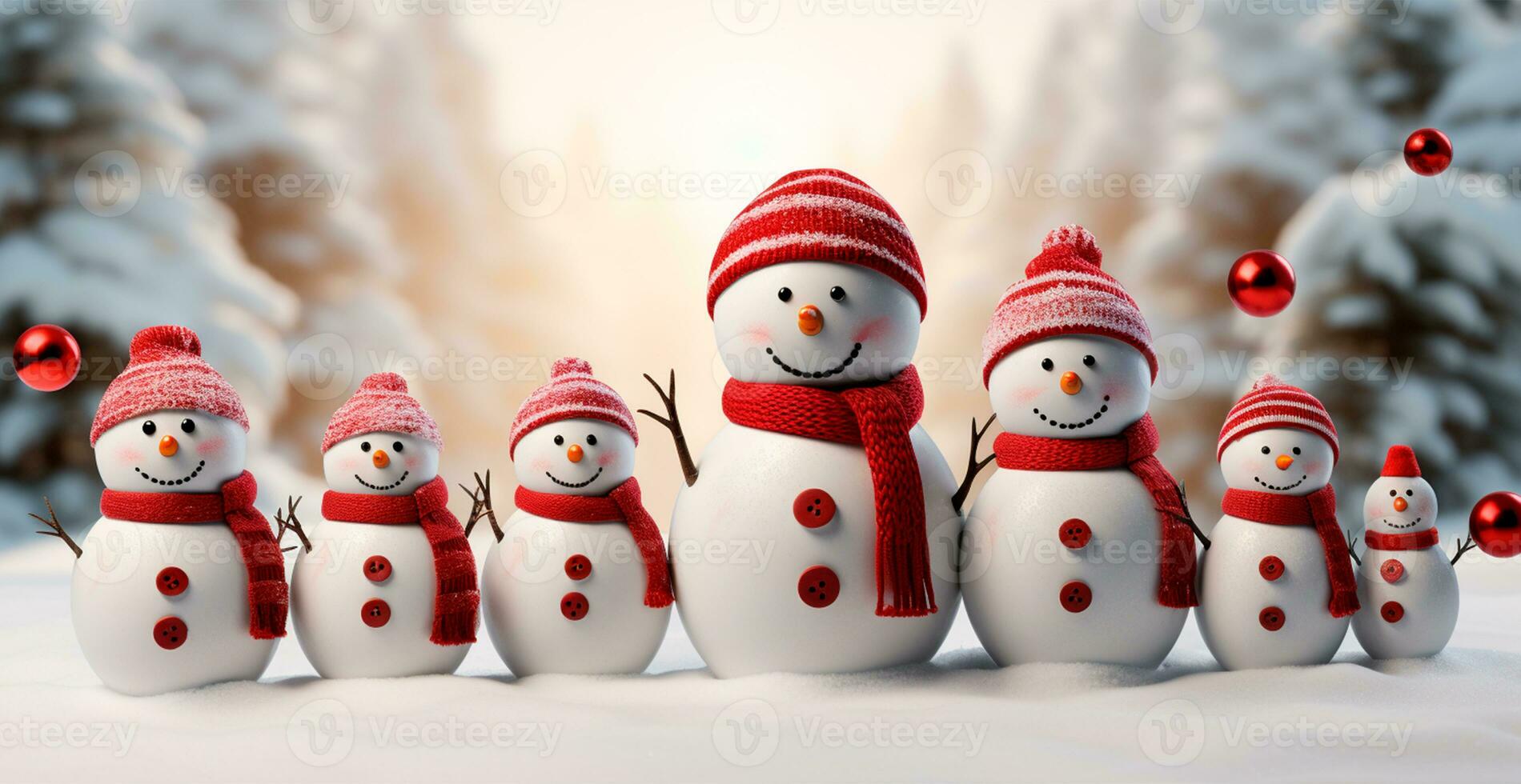 Winter holiday christmas background banner - Close-up of snowmen on snowy bokeh background - AI generated image photo