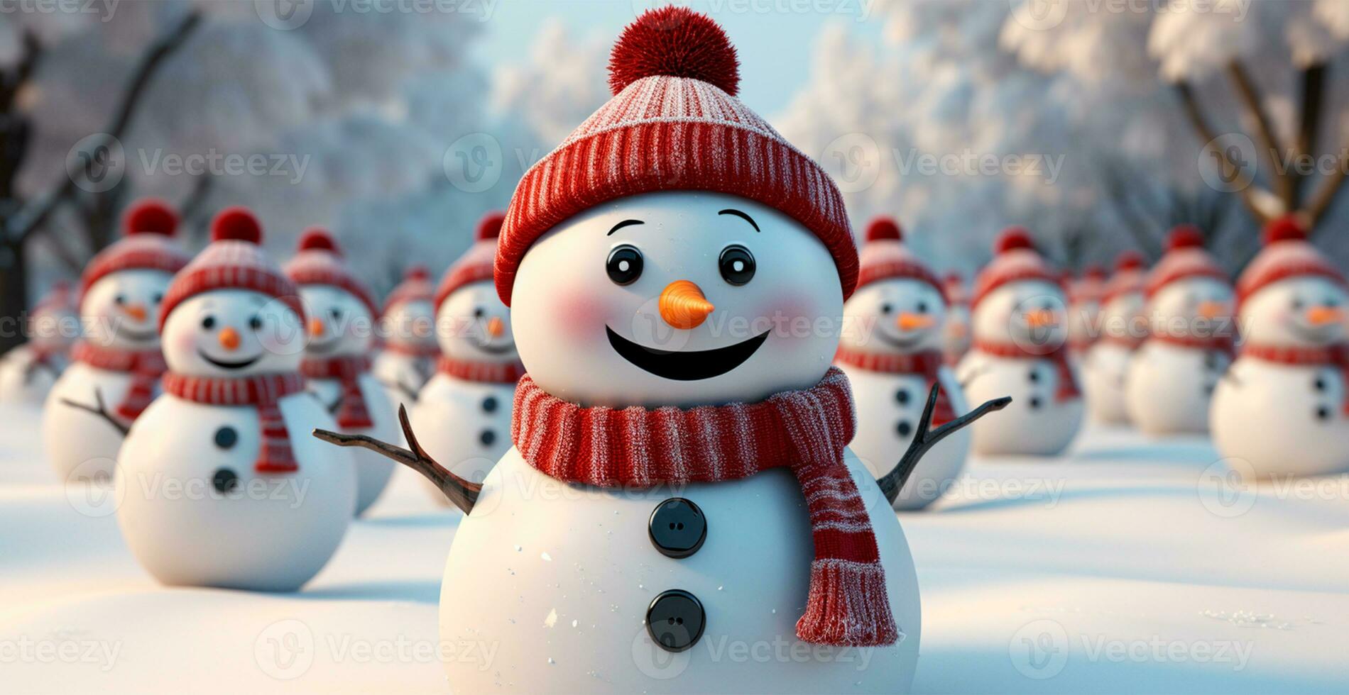 Winter holiday christmas background banner - Close-up of snowmen on snowy bokeh background - AI generated image photo