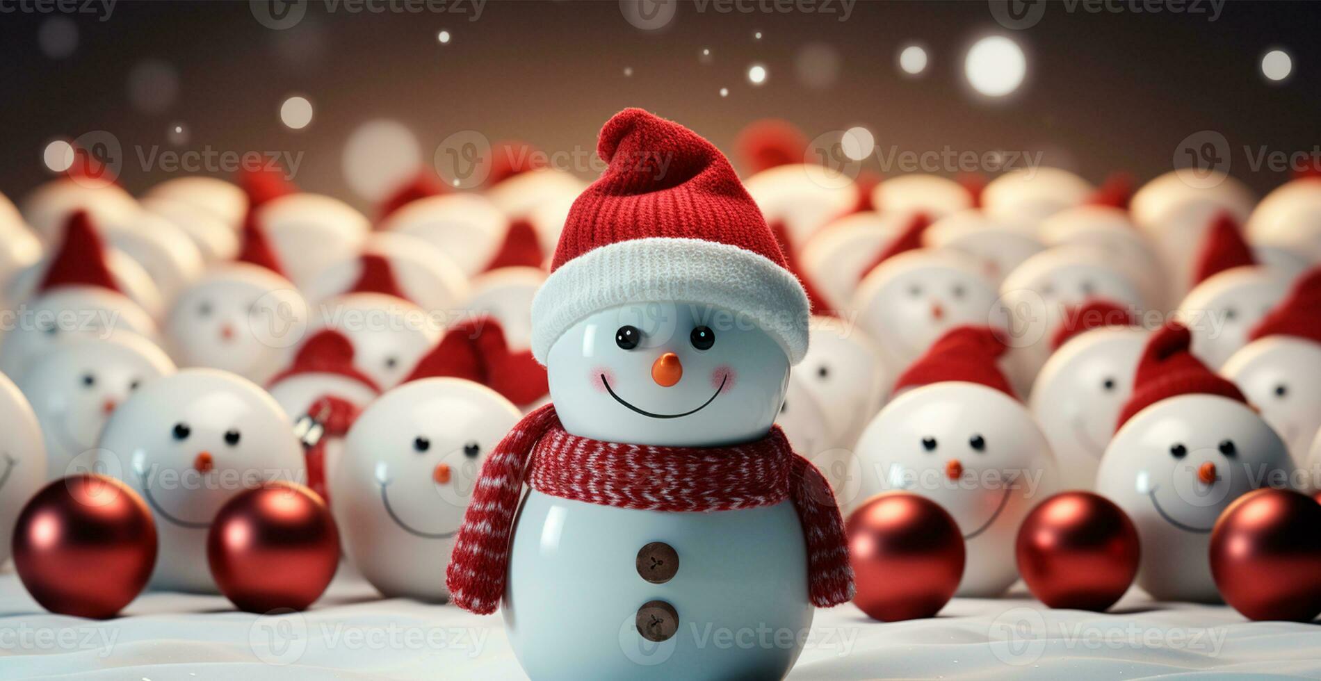 Winter holiday christmas background banner - Close-up of snowmen on snowy bokeh background - AI generated image photo