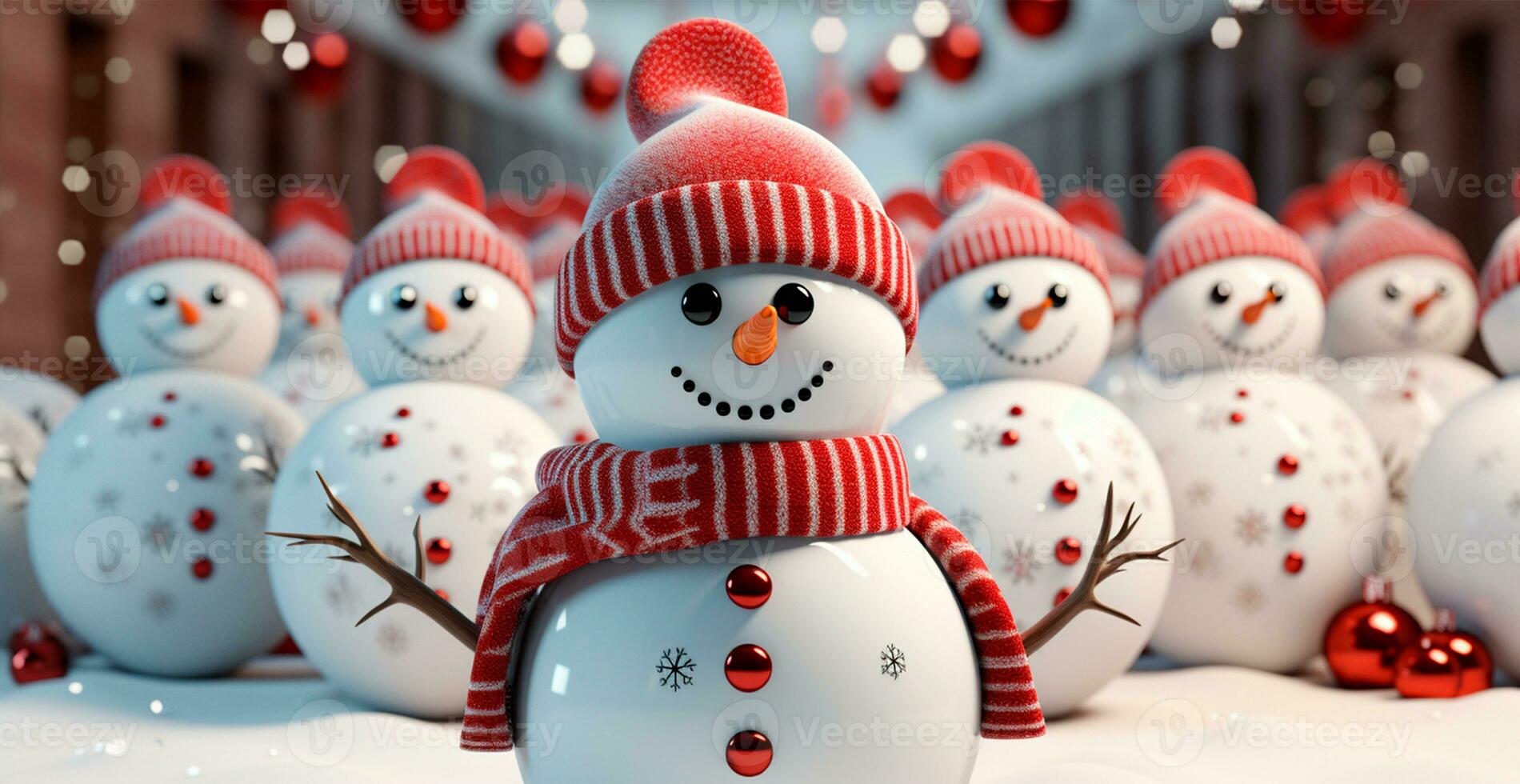 Winter holiday christmas background banner - Close-up of snowmen on snowy bokeh background - AI generated image photo