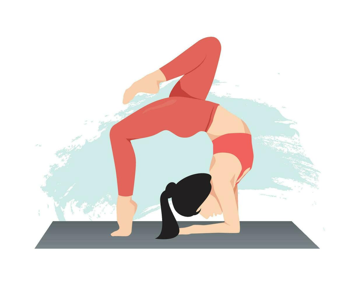 joven mujer practicando yoga poses a mantener sí misma ajuste vector