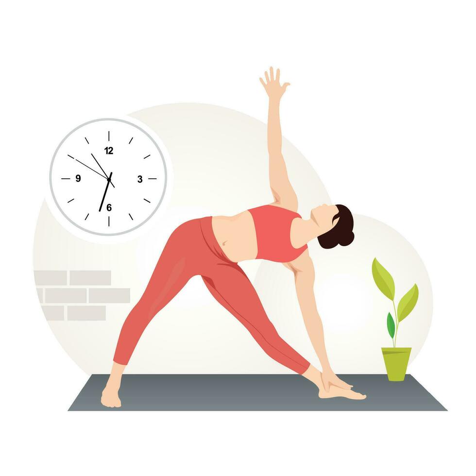 triángulo pose, utthita trikonasana mujer practicando triángulo yoga ejercicio. vector