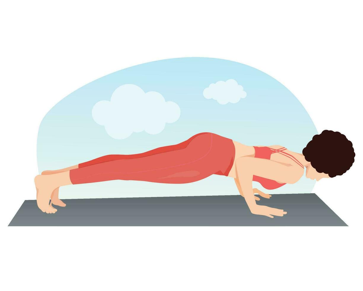 Woman practicing low plank yoga pose. Chaturanga Dandasana. Vector illustration