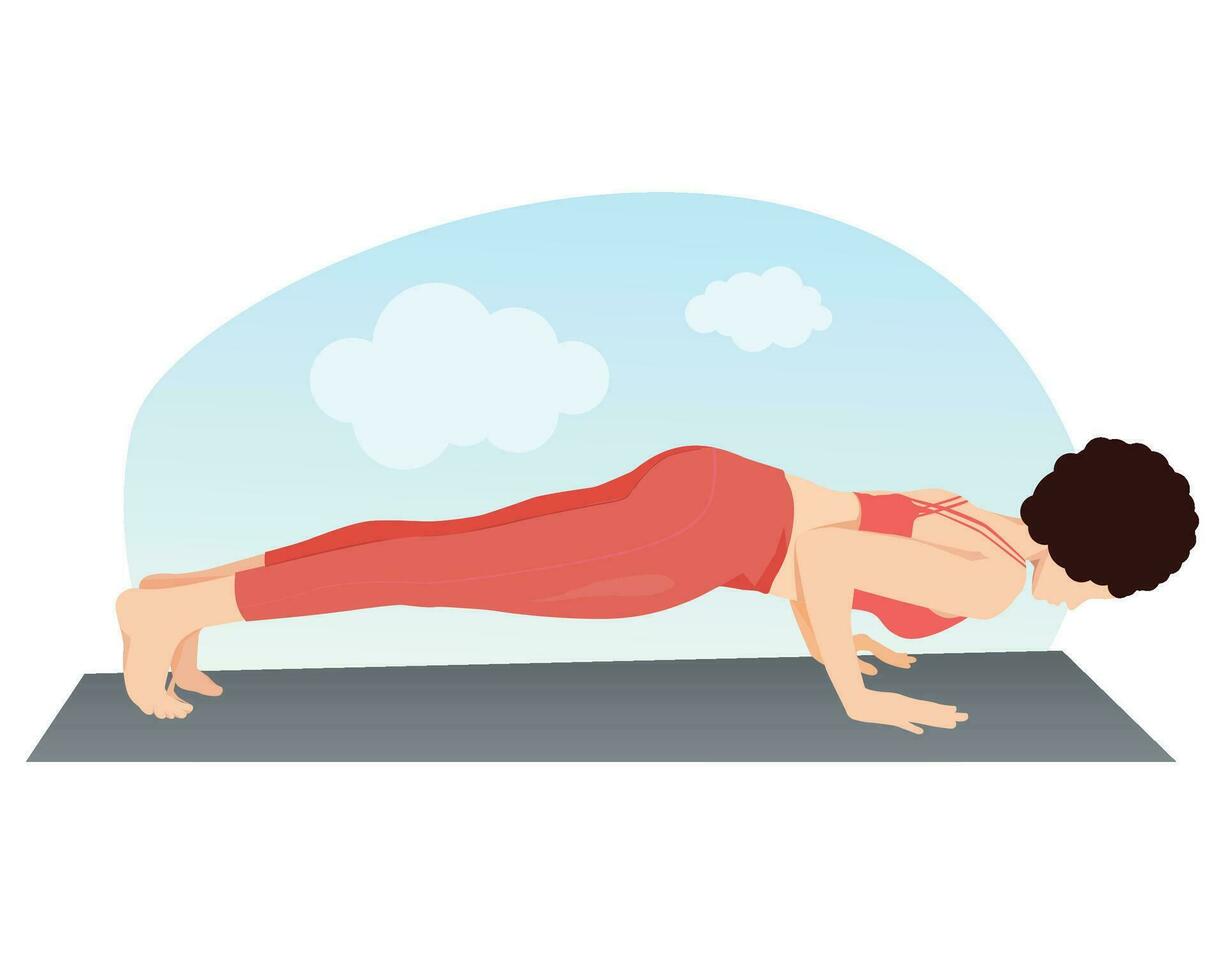 mujer practicando bajo tablón yoga pose. chaturanga dandasana. vector ilustración