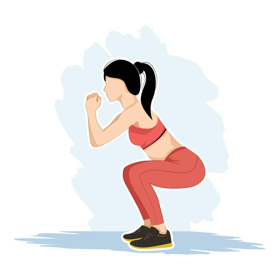 mujer haciendo rutina de ejercicio con ponerse en cuclillas postura. obtener Perfecto extremo y piernas con ejercicio. vector