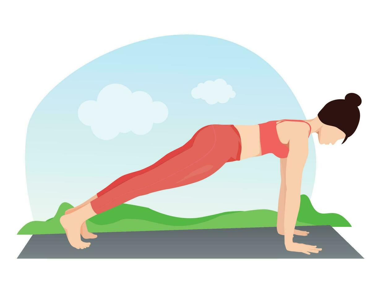 Young woman doing Plank Pose, Kumbhakasana yoga, practicing Phalakasana. vector