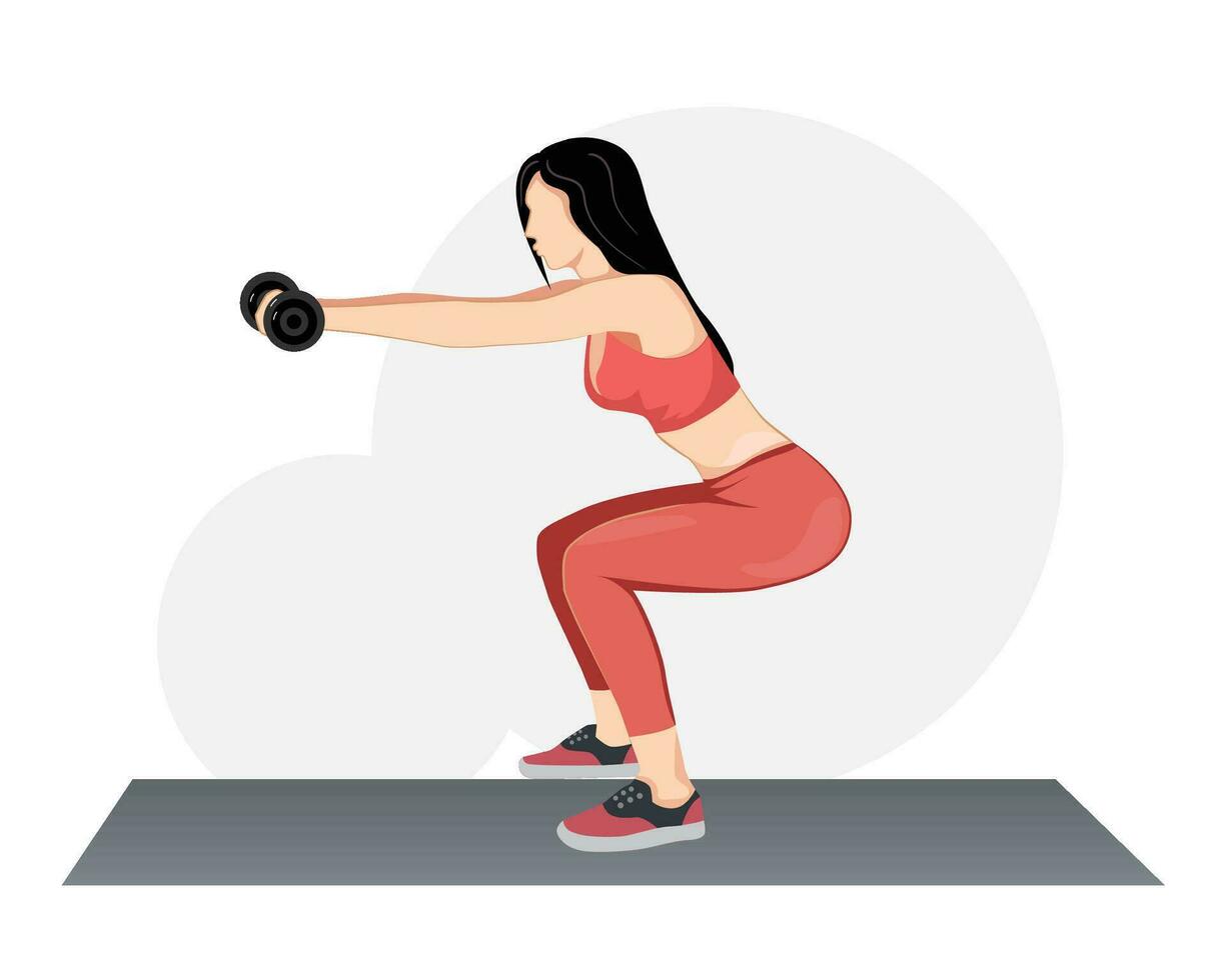 Squat exercise. side view of young beautiful woman in sportswear doing squat exercises and holding dumbbell at gym. vector