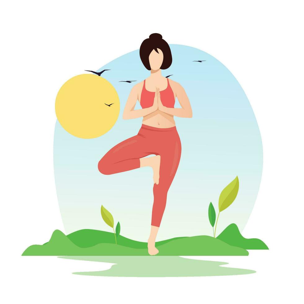 Girl doing Tree Pose, Vrksasana yoga, practicing yoga exercise vector