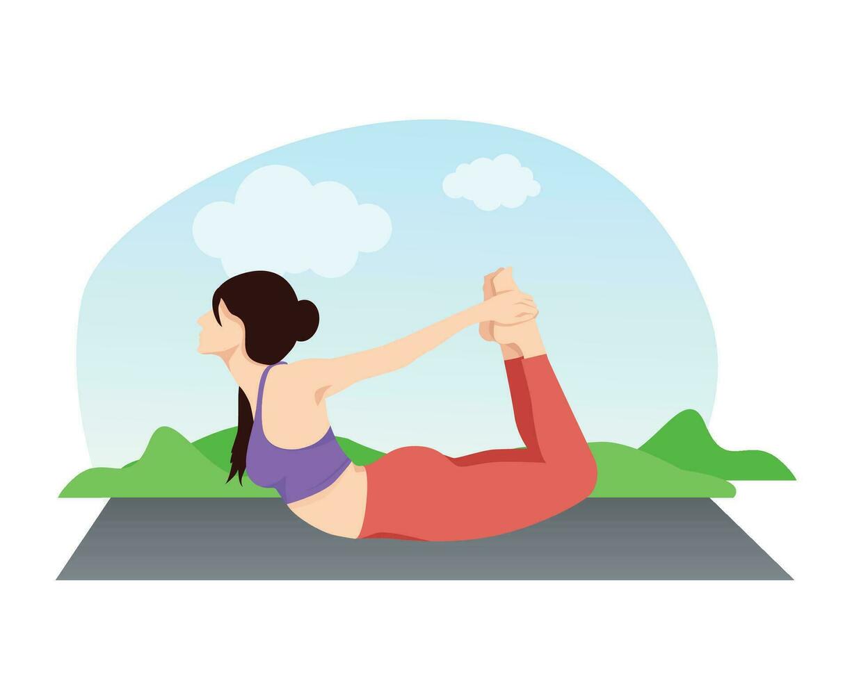 joven atractivo mujer practicando arco-dhanurasana actitud yoga vector
