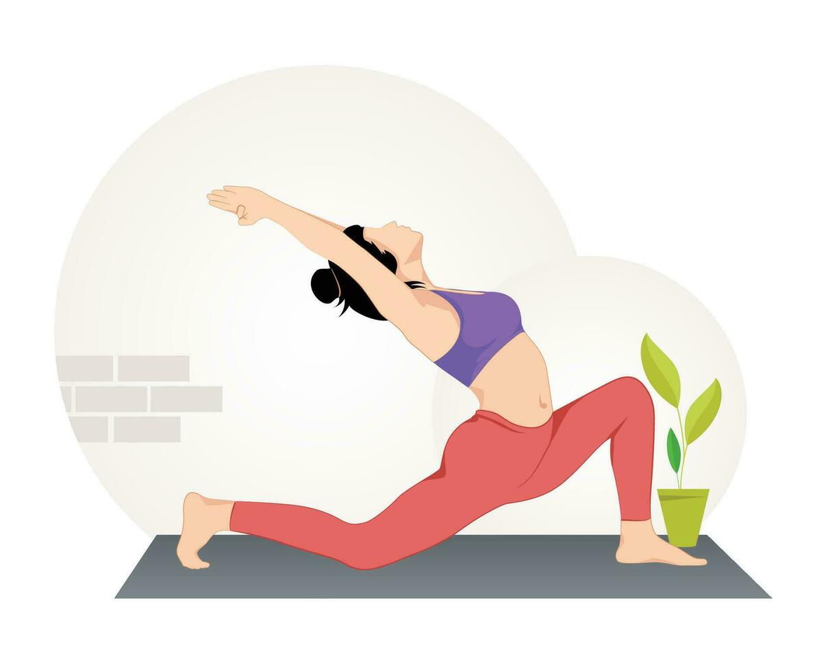 joven mujer practicando bajo estocada yoga pose, mujer rutina de ejercicio aptitud vector