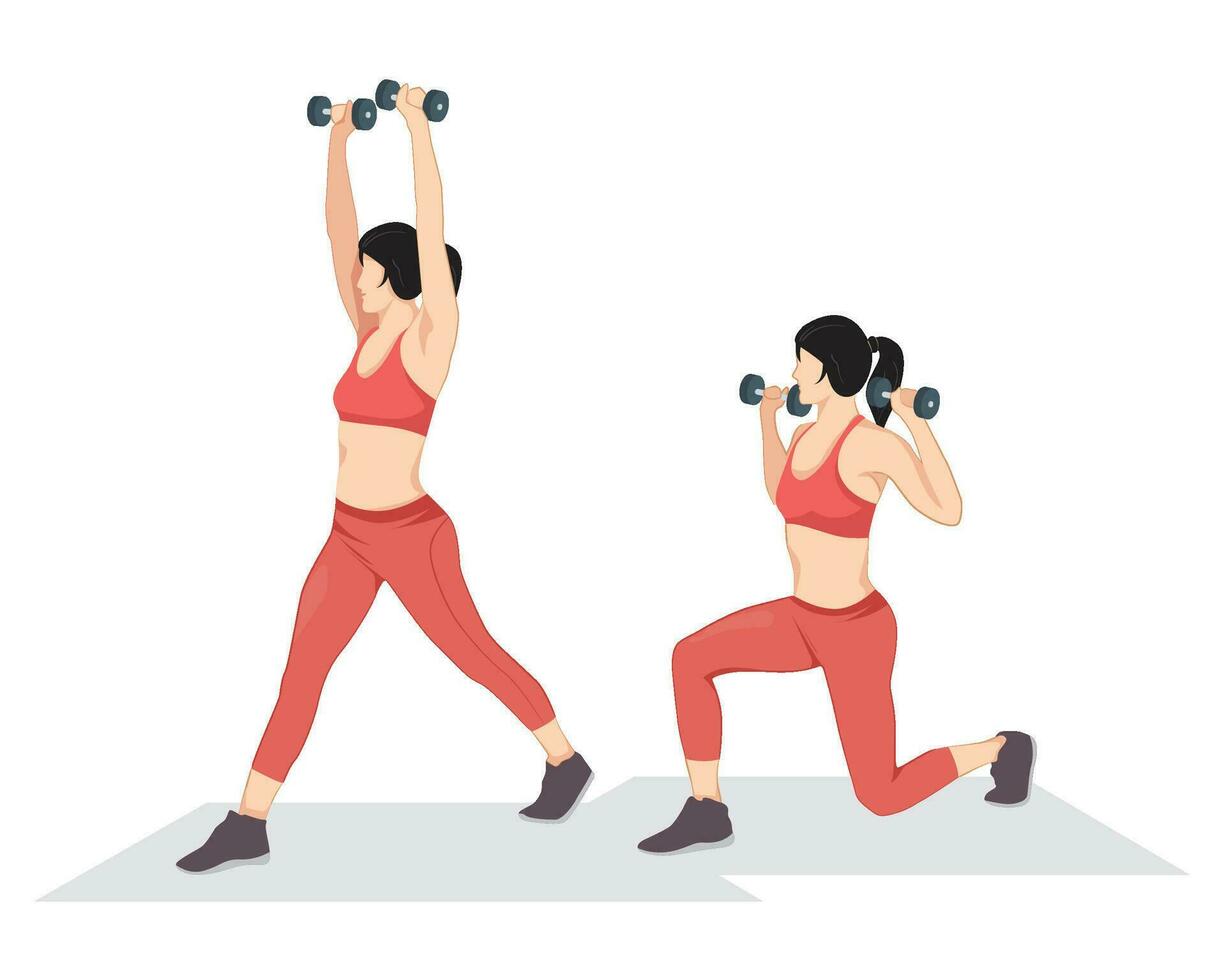 Woman doing split squat with overhead press, glute exercises and workouts flat vector illustration