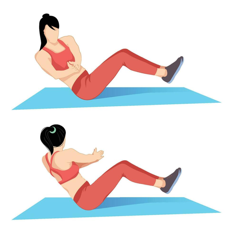 Girl doing russian twist exercise in 2 step, workout position which targets the abdominals. vector