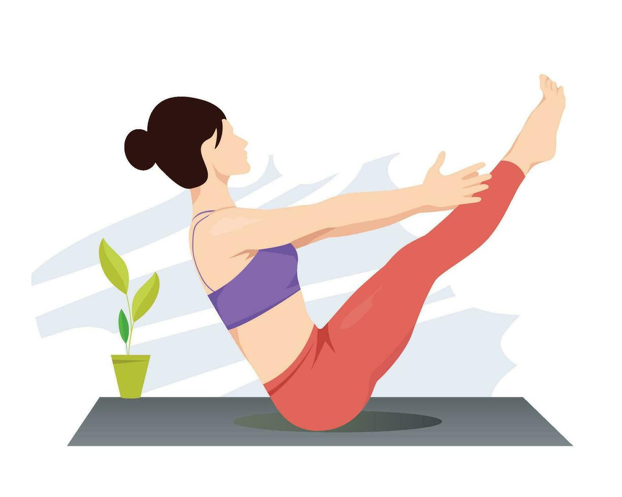 Boat Pose, Naukasana, Navasana. woman practicing Paripurna Navasana yoga exercise vector