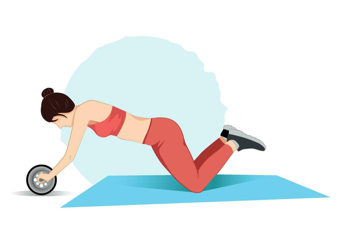 Woman doing exercise withwheel for perfect abs, flat vector illustration