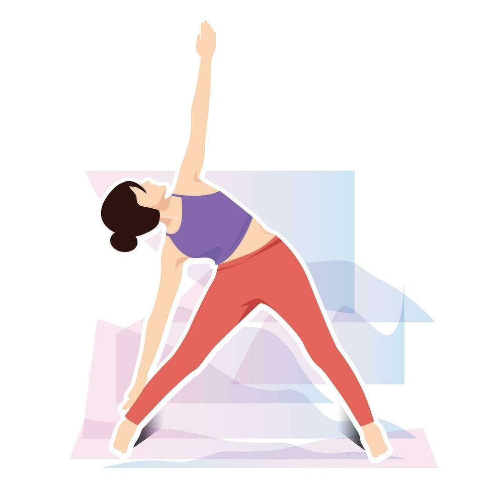 Triangle pose, Utthita Trikonasana woman practicing triangle yoga exercise vector