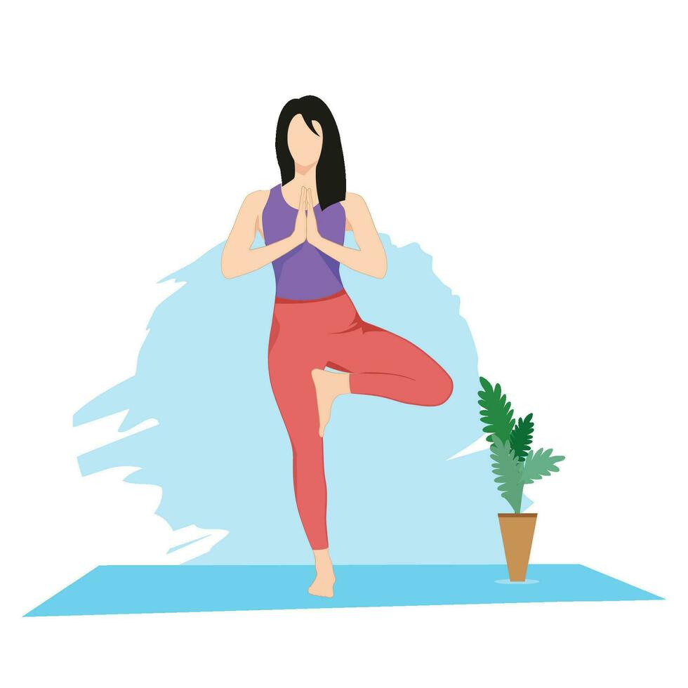 Girl doing Tree Pose, Vrksasana yoga, practicing yoga exercise vector