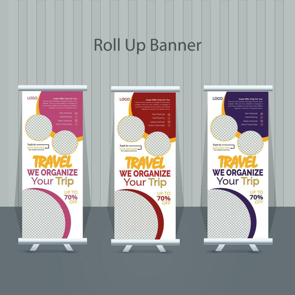 Travel roll-up banner template design for travel agency,Tour travel agency roll-up standee x signage cover design template, tourism packages signboard for marketing vector