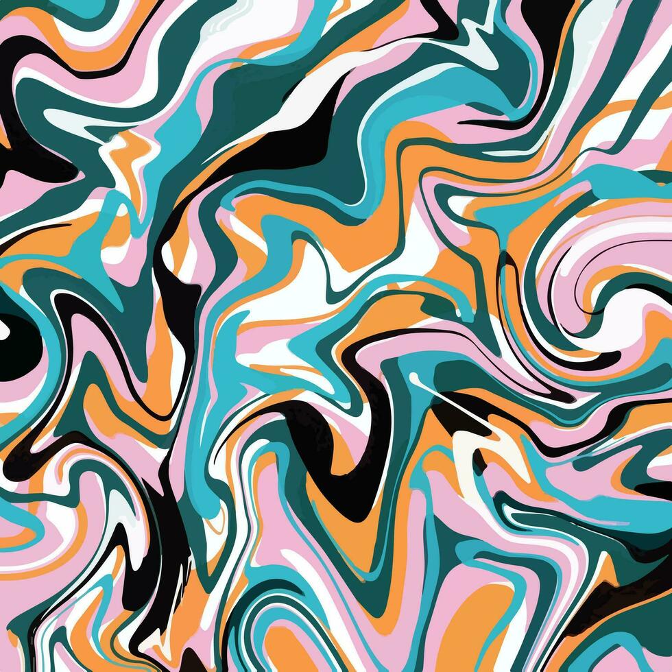 Cool abstract wavy swirling liquid vector background with blue, black, pink, orange, and white colors isolated on square template. Simple flat vector wallpaper for poster cover, website template.