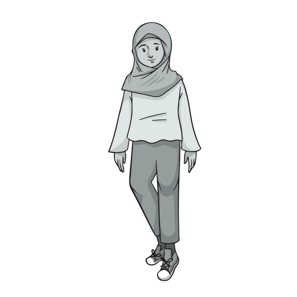 Young girl wearing hijab, long sleeved shirt, long pants, and sneakers shoes vector illustration isolated on square white background. Grayscale colored flat outlined cartoon art styled drawing.