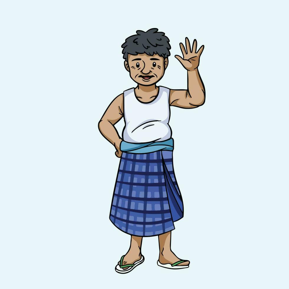 Indonesian middle aged male man with tan skin wearing white tank top and blue sarong skirt pants isolated on plain background. Bapak berkulit sawo matang, berkaos kutang, sarung biru, bersandal jepit. vector