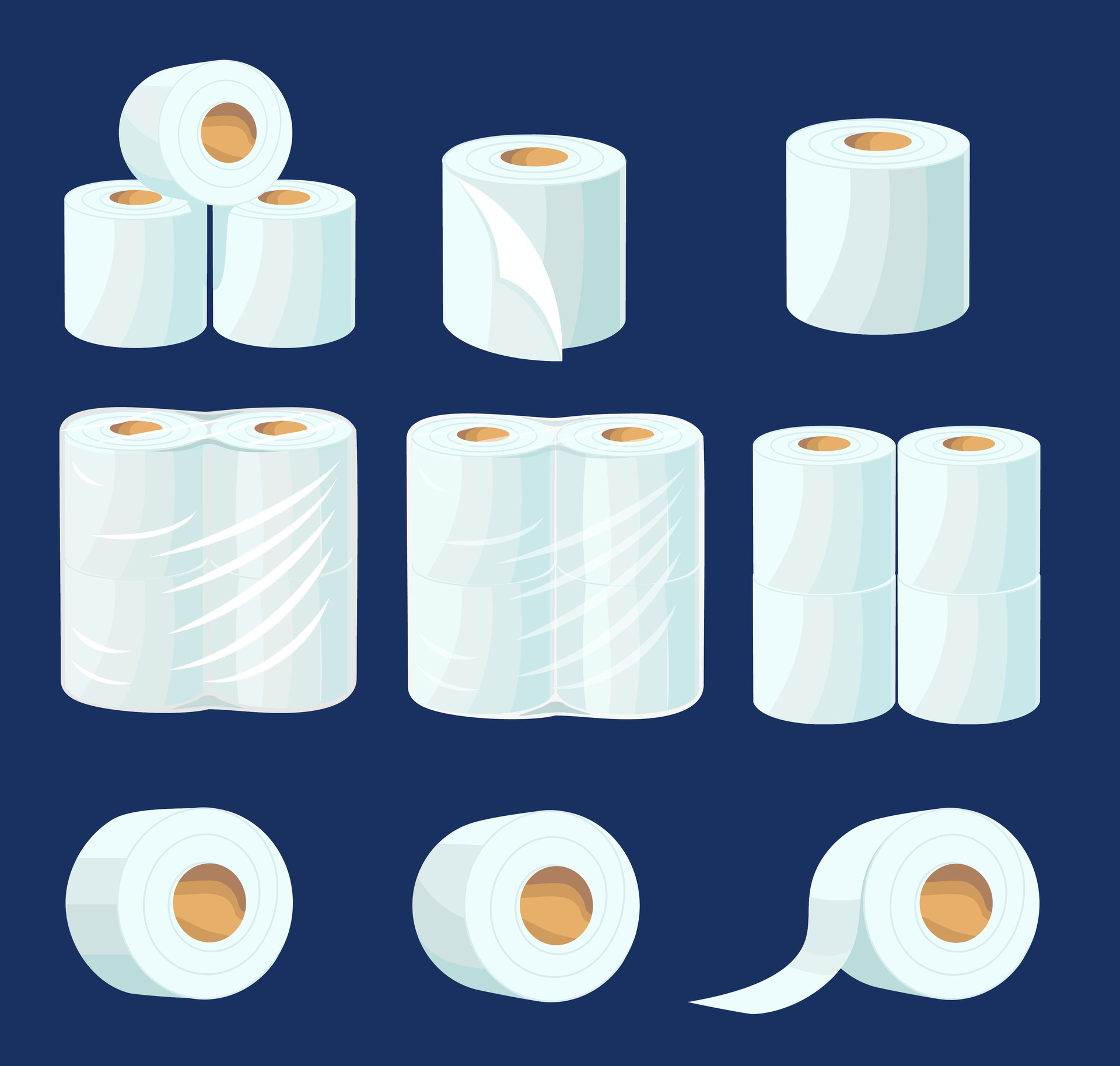 Toilet paper roll. Vector toilet tape and kitchen paper towel. Rolls of